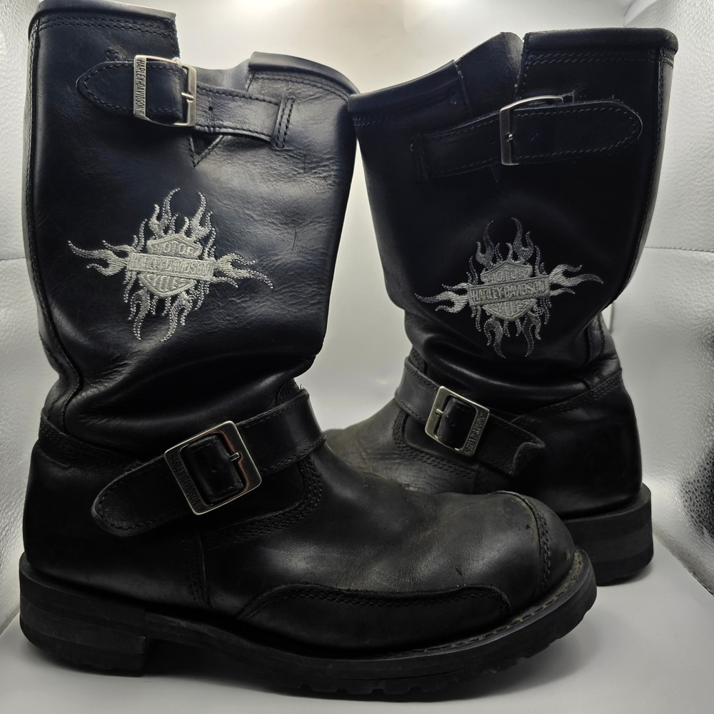 Harley Davidson Mens Black Leather Biker Boots 91066 Flame Logo Harness Size 10